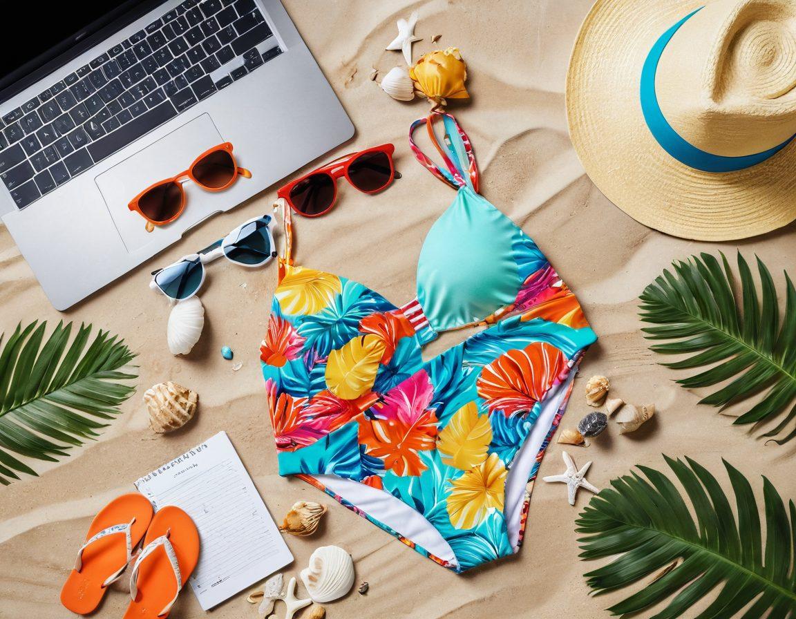 An artistic flat lay of vibrant swimwear pieces including colorful bikinis and one-pieces, arranged around a laptop open to a blog page featuring beachy content creation tips. Include beach accessories like sunglasses, a sun hat, a tropical drink, and seashells. The background should evoke a sandy beach with a soft blue ocean in the distance. Bright, summery colors to create an inviting vibe. vibrant colors. flat lay style.