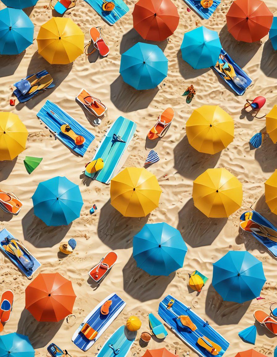 A vibrant beach scene featuring diverse vloggers in trendy swimwear, capturing content on their smartphones. The background shows golden sands, clear blue waters, and colorful umbrellas. Include playful elements like beach balls and surfboards, with a bright sun shining overhead. Emphasize a lively, youthful atmosphere reflecting summer vibes. super-realistic. vibrant colors. 3D.