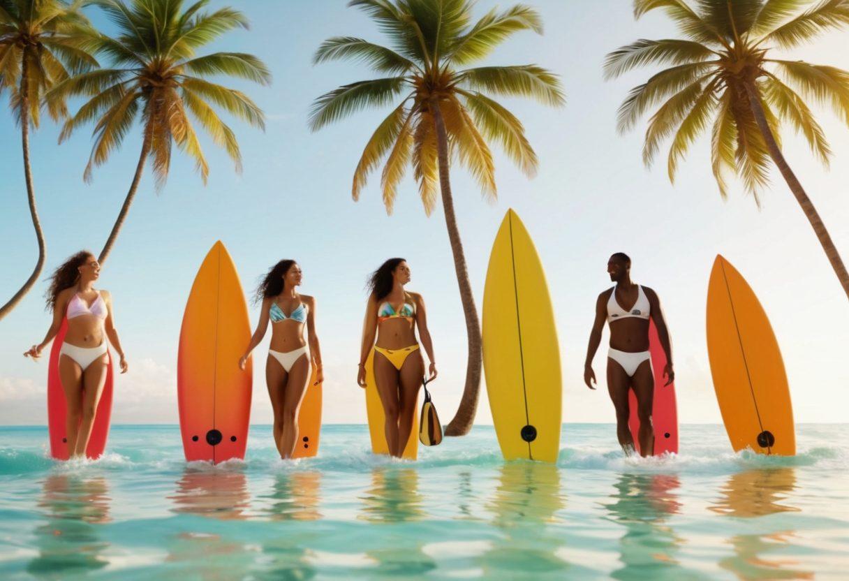 A vibrant beach scene featuring diverse individuals in stylish swimwear, playfully enjoying water activities while listening to music on portable speakers. Incorporate bright tropical colors, surfboards leaning against palm trees, and a sun setting in the background, creating a lively summer atmosphere. Include elements of music notes floating around and animated waves splashing nearby. super-realistic. vibrant colors. white background.